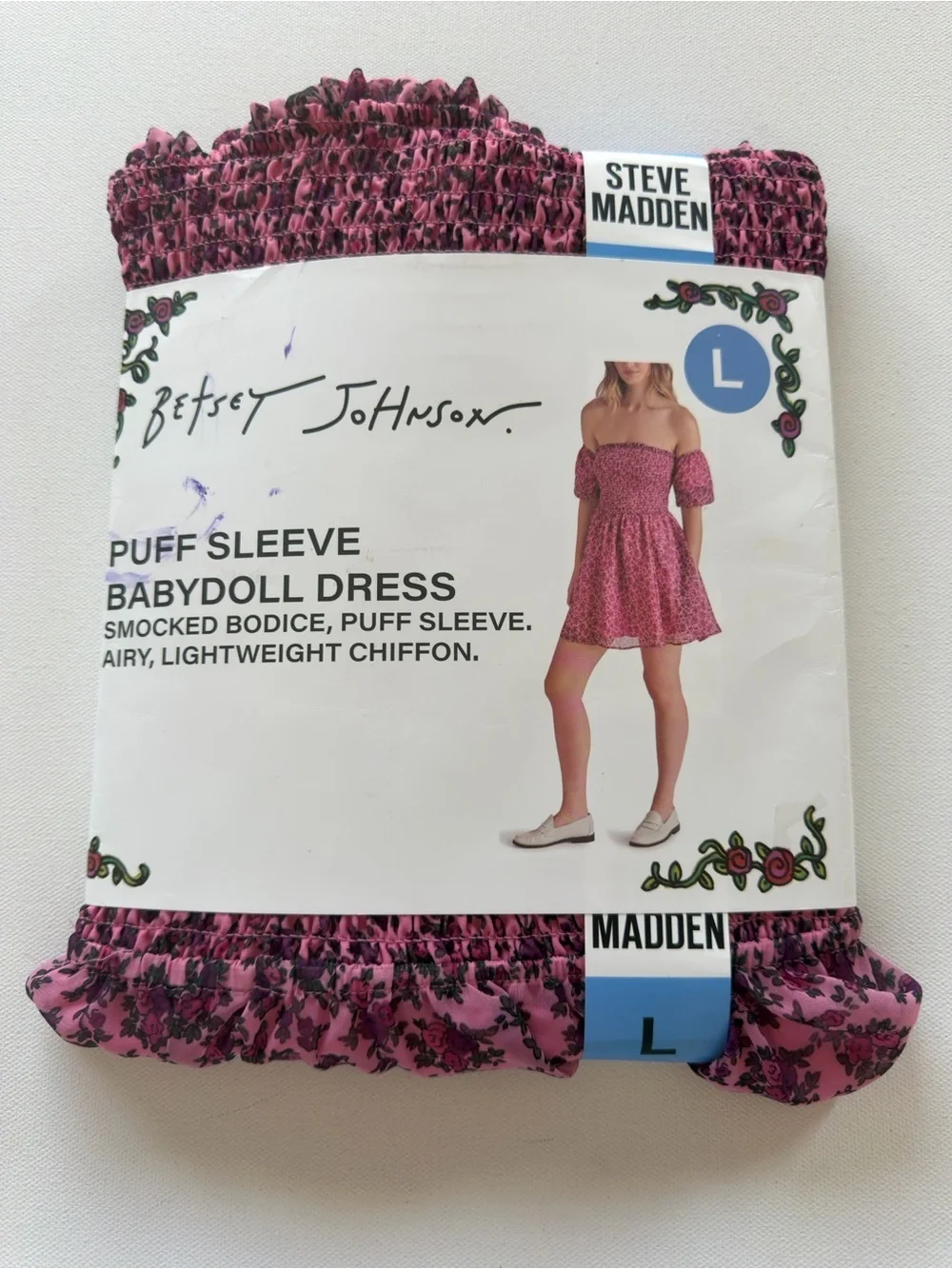NWT Women's Betsey Johnson Puff Sleeve Babydoll Dress Pink Floral Size L (G4)